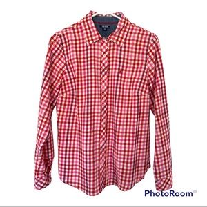 IZOD Women’s Multi-check Button-down Shirt Red Pink Purple White Size M